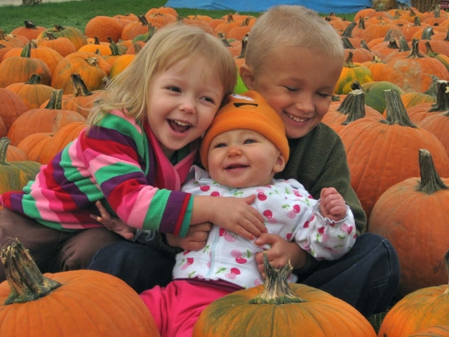 Deb (Johnson) Panters grandchildren,Ryan, Ella, & Kate, enjoying the pumpkin patch